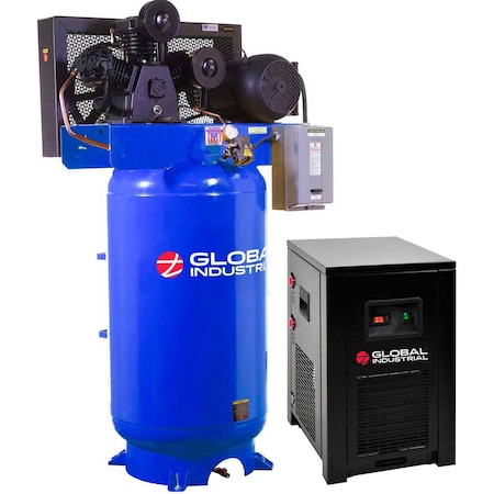 Global Industrial Two Stage Piston Air Compressor w/Dryer, 7.5 HP, 80 Gal., 1 Phase, 230V 133684